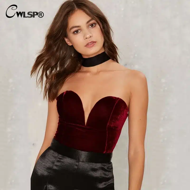 Autumn Winter Sexy Velvet Bodysuits Women Back Cross Strapless Solid V Neck body feminino black bodycon jumpsuit bodysuit QL2784 11