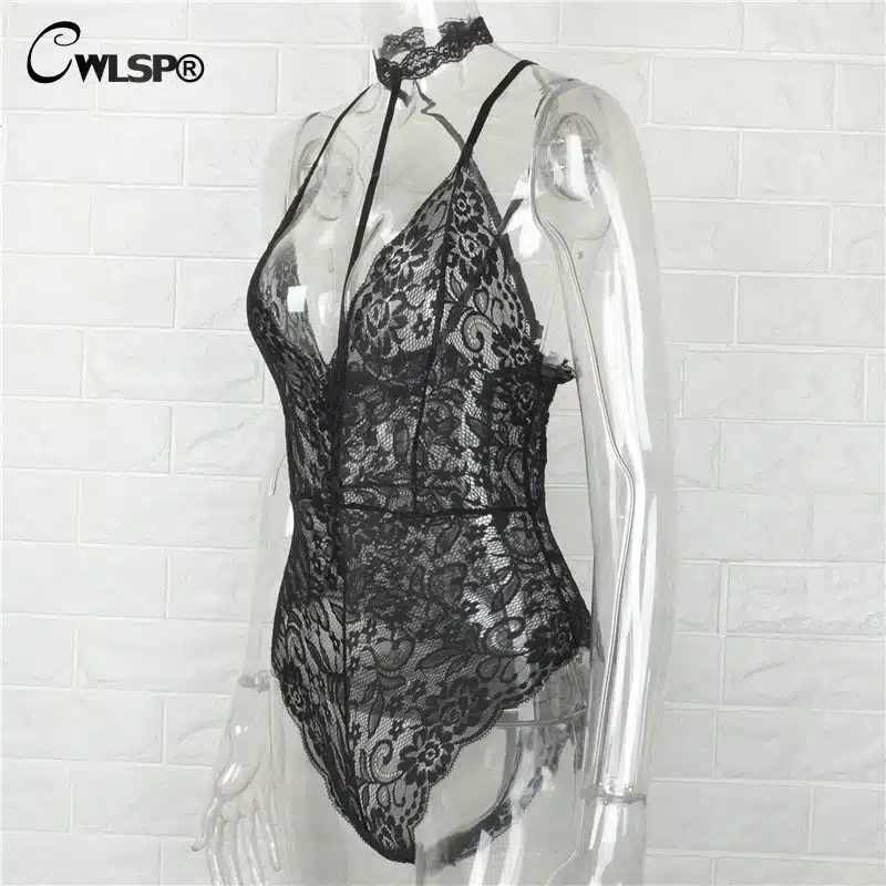CWLSP 2017 Summer Sexy Halter Mesh See Through Lace Women Bodysuits Vintage Transparent Club Overalls Women Rompers QZ1894 18