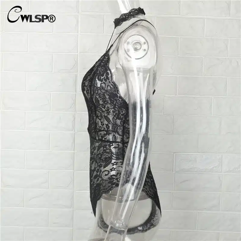 CWLSP 2017 Summer Sexy Halter Mesh See Through Lace Women Bodysuits Vintage Transparent Club Overalls Women Rompers QZ1894 19
