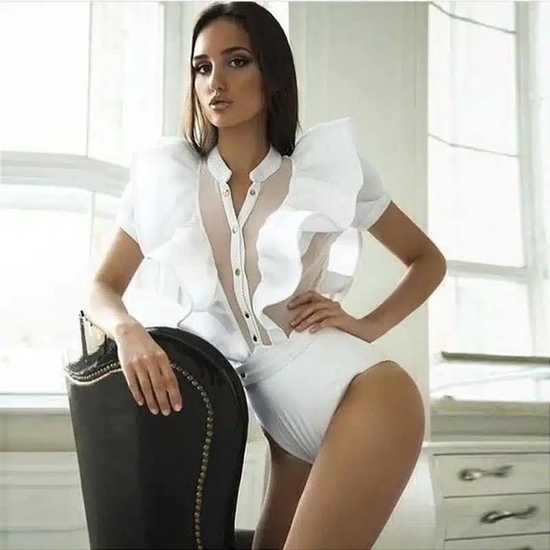 Fashion Women's Ruffle Bodysuit Top Black White Sexy Mesh Patchwork Body Top Button Up Body Femme Slim Combishort Good Quality 18