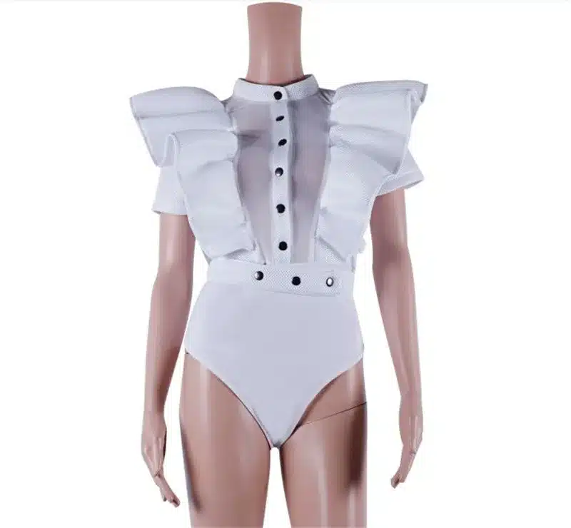 Fashion Women's Ruffle Bodysuit Top Black White Sexy Mesh Patchwork Body Top Button Up Body Femme Slim Combishort Good Quality 27