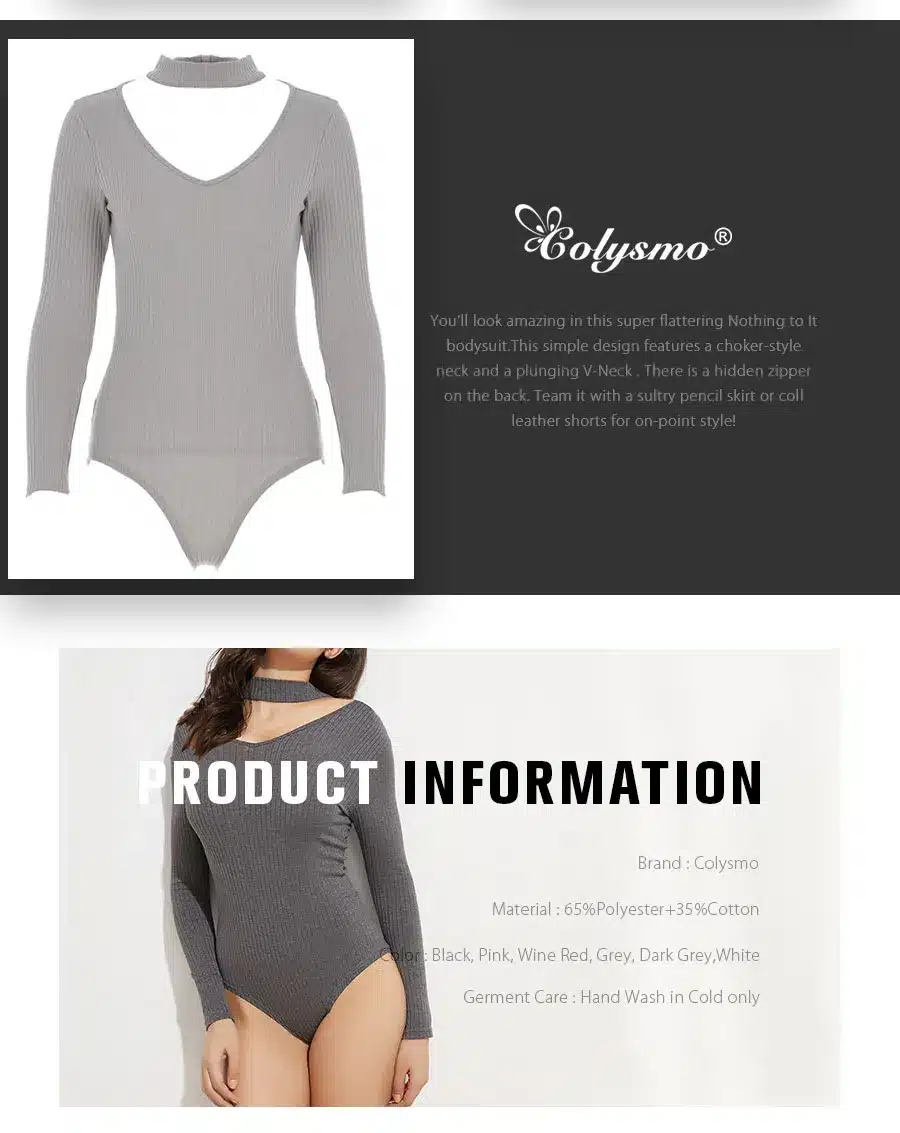 Colysmo Sexy Choker High Neck Plunge V Long Sleeve Shoulder Women Autumn Spring Ribbed Bodysuits Playsuits Rompers Jumpsuits New 3