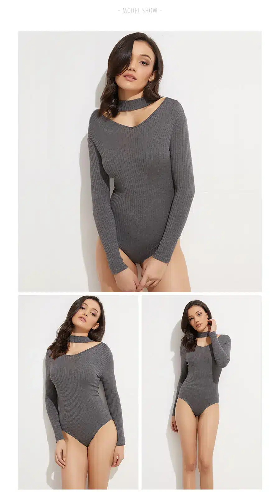 Colysmo Sexy Choker High Neck Plunge V Long Sleeve Shoulder Women Autumn Spring Ribbed Bodysuits Playsuits Rompers Jumpsuits New 4