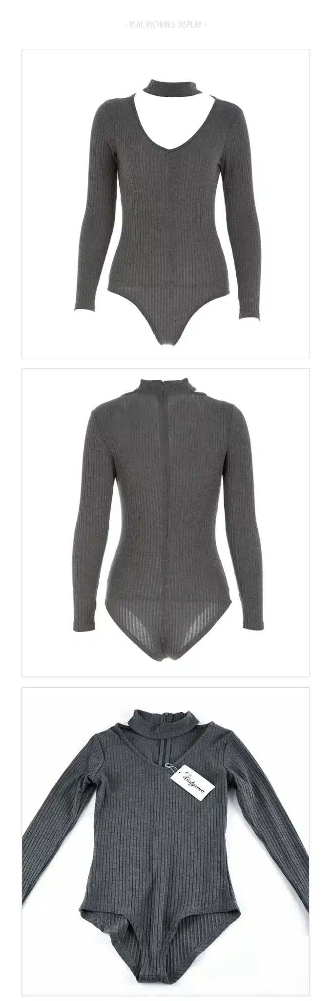 Colysmo Sexy Choker High Neck Plunge V Long Sleeve Shoulder Women Autumn Spring Ribbed Bodysuits Playsuits Rompers Jumpsuits New 6
