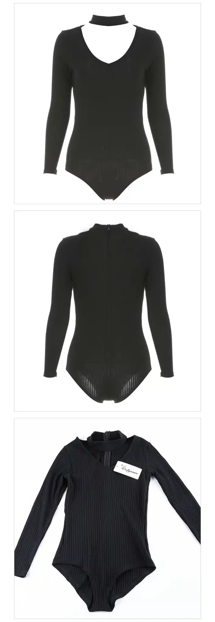 Colysmo Sexy Choker High Neck Plunge V Long Sleeve Shoulder Women Autumn Spring Ribbed Bodysuits Playsuits Rompers Jumpsuits New 10