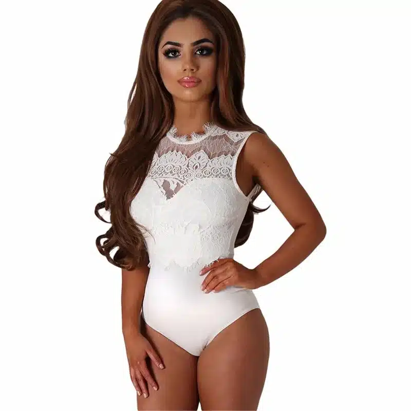 ADEWEL 2017 Sexy Bodysuit Women Black Lace High Neck Cut Out Back Bodycon Jumpsuits Romper Combinaison Shorts Playsuits 41