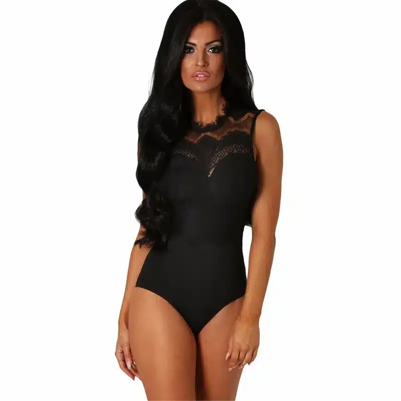 ADEWEL 2017 Sexy Bodysuit Women Black Lace High Neck Cut Out Back Bodycon Jumpsuits Romper Combinaison Shorts Playsuits 43