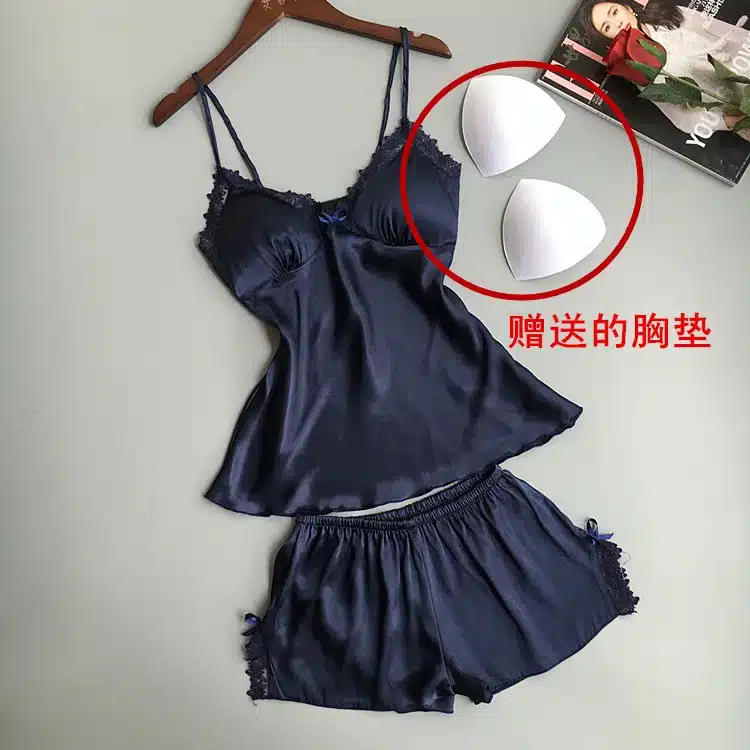 QWEEK Cotton Two Piece Set Women Sleepwear Silk Pajamas Sexy Chest Pad Nightwear Women 2017 Summer Lace Homewear Women Lingerie 5