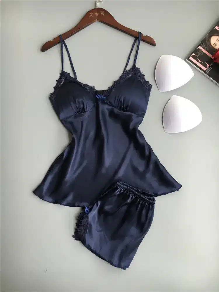QWEEK Cotton Two Piece Set Women Sleepwear Silk Pajamas Sexy Chest Pad Nightwear Women 2017 Summer Lace Homewear Women Lingerie 8