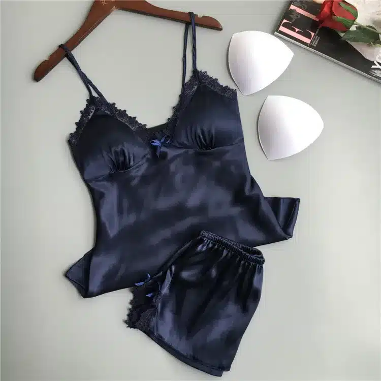 QWEEK Cotton Two Piece Set Women Sleepwear Silk Pajamas Sexy Chest Pad Nightwear Women 2017 Summer Lace Homewear Women Lingerie 9