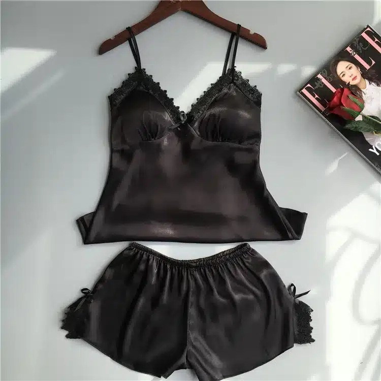 QWEEK Cotton Two Piece Set Women Sleepwear Silk Pajamas Sexy Chest Pad Nightwear Women 2017 Summer Lace Homewear Women Lingerie 10