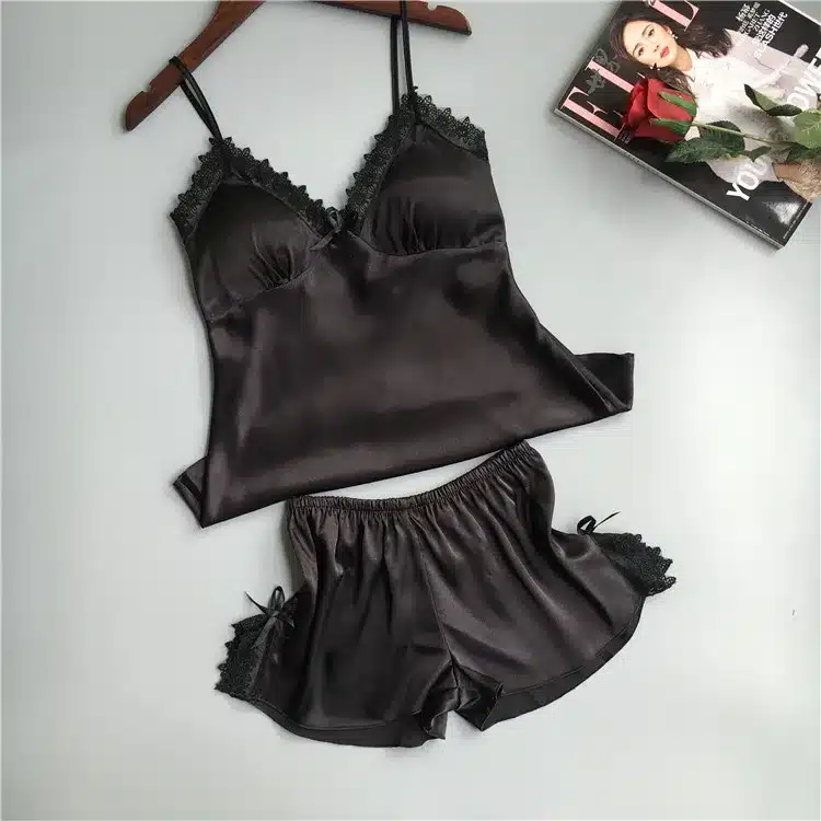 QWEEK Cotton Two Piece Set Women Sleepwear Silk Pajamas Sexy Chest Pad Nightwear Women 2017 Summer Lace Homewear Women Lingerie 12