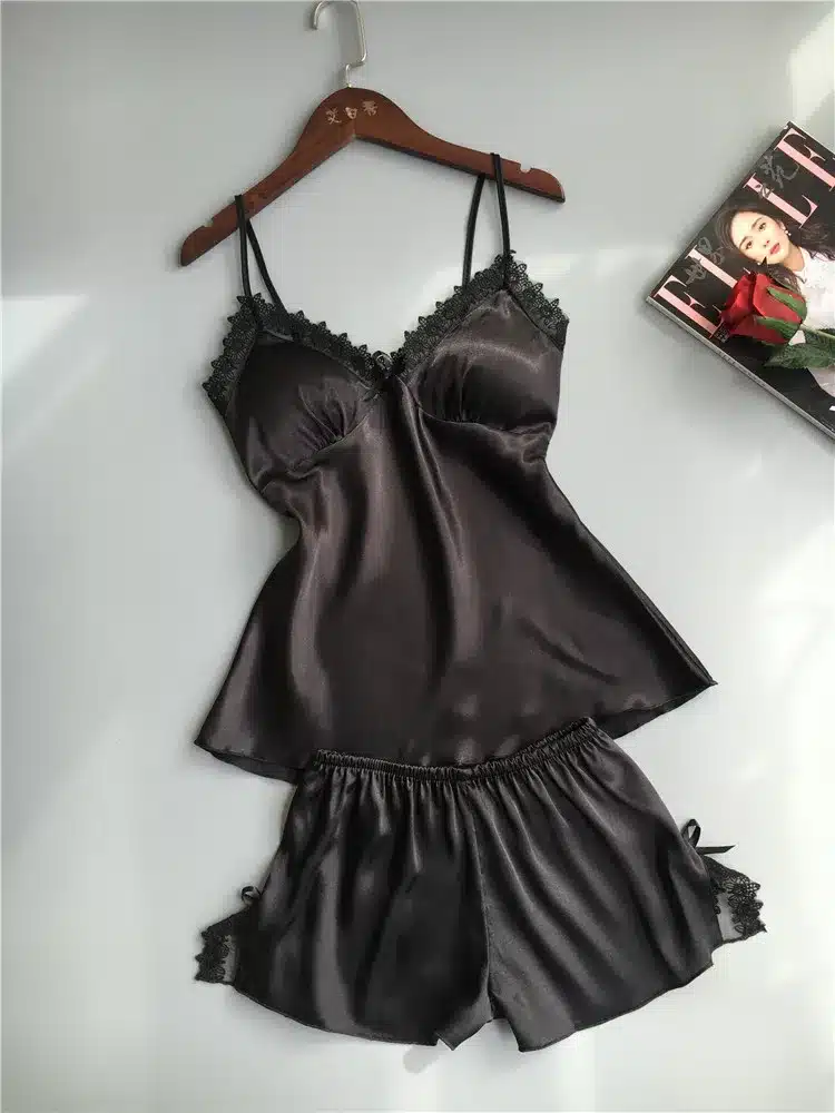 QWEEK Cotton Two Piece Set Women Sleepwear Silk Pajamas Sexy Chest Pad Nightwear Women 2017 Summer Lace Homewear Women Lingerie 13