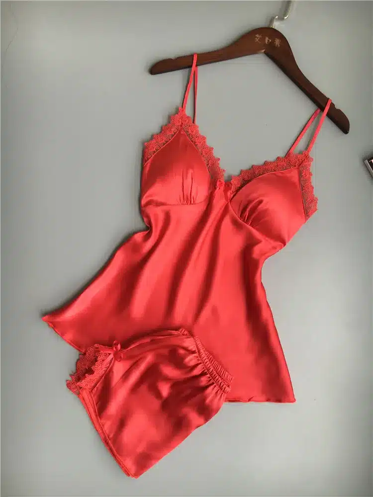 QWEEK Cotton Two Piece Set Women Sleepwear Silk Pajamas Sexy Chest Pad Nightwear Women 2017 Summer Lace Homewear Women Lingerie 15