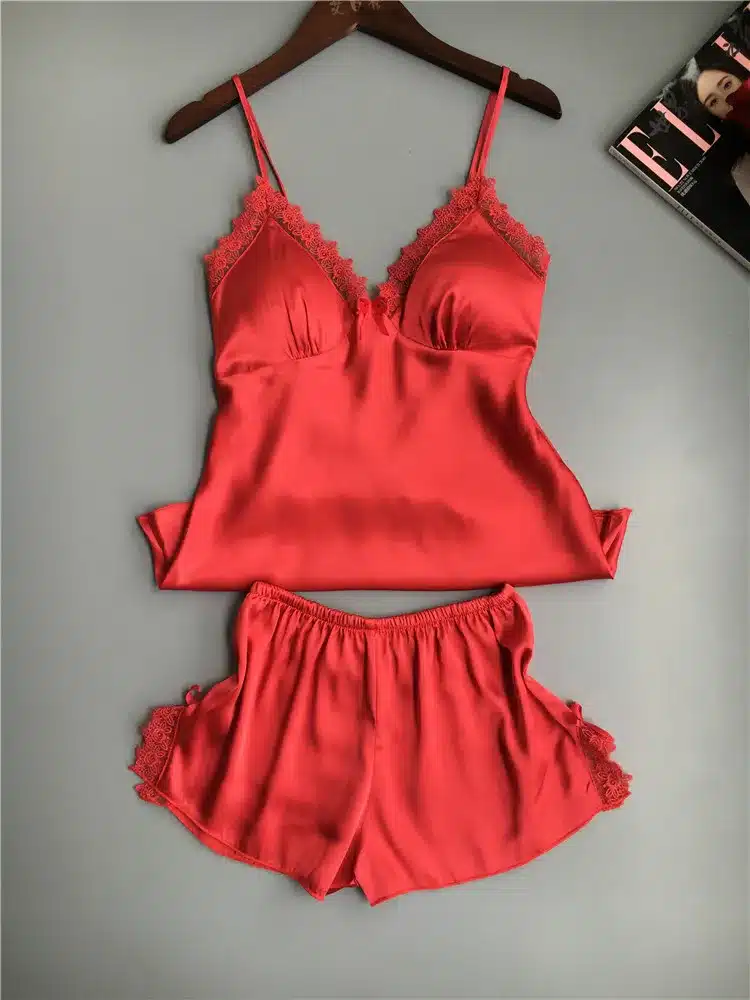 QWEEK Cotton Two Piece Set Women Sleepwear Silk Pajamas Sexy Chest Pad Nightwear Women 2017 Summer Lace Homewear Women Lingerie 16