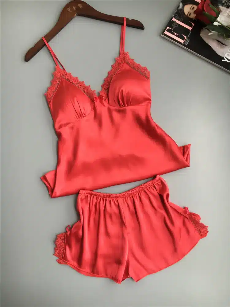 QWEEK Cotton Two Piece Set Women Sleepwear Silk Pajamas Sexy Chest Pad Nightwear Women 2017 Summer Lace Homewear Women Lingerie 17