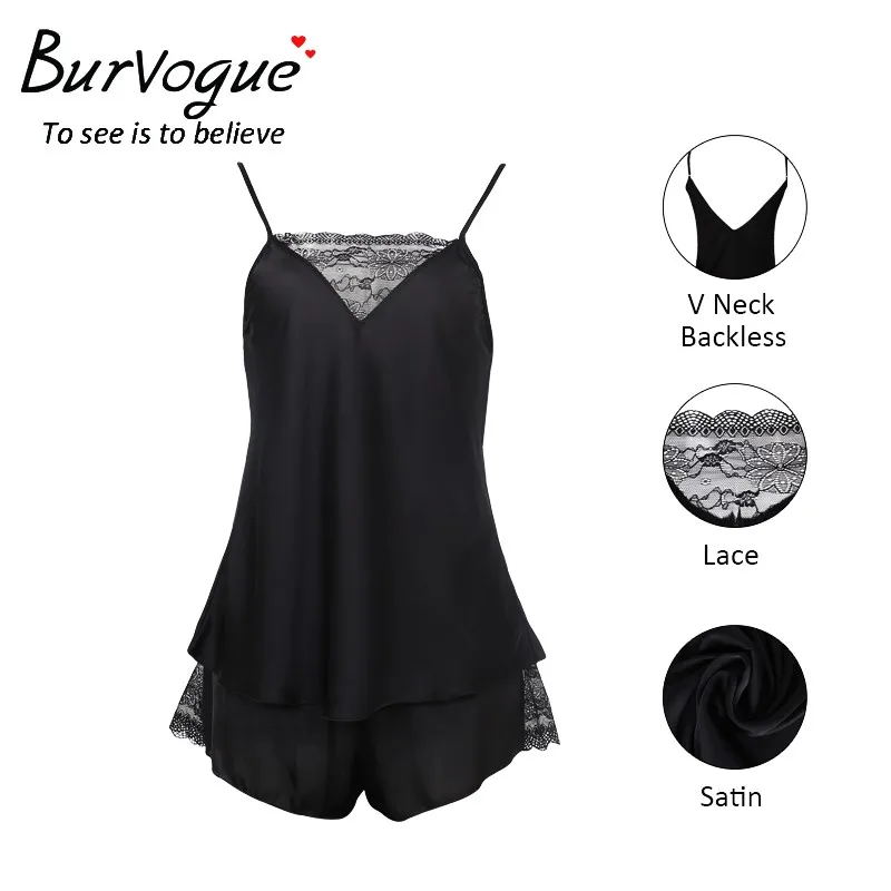 Burvogue Sexy Pajama Sets Deep V Camisole Satin Pajamas Shorts Set Women Sleepwear Pajamas New Spaghetti Strap Lace Pajamas 4