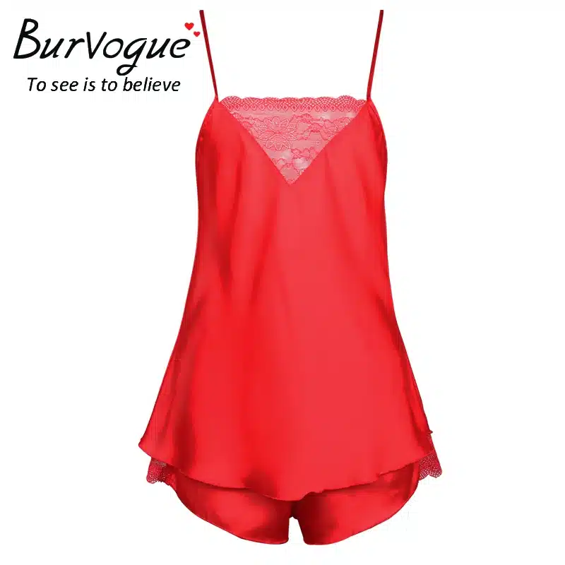 Burvogue Sexy Pajama Sets Deep V Camisole Satin Pajamas Shorts Set Women Sleepwear Pajamas New Spaghetti Strap Lace Pajamas 10