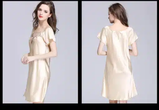 2017 New Sweet Young Women Silk Nightgown Printed Fashion Knee-length Girl Sleepwear Summer Ladies Sleepshirts Pink,Camel,Blue 10