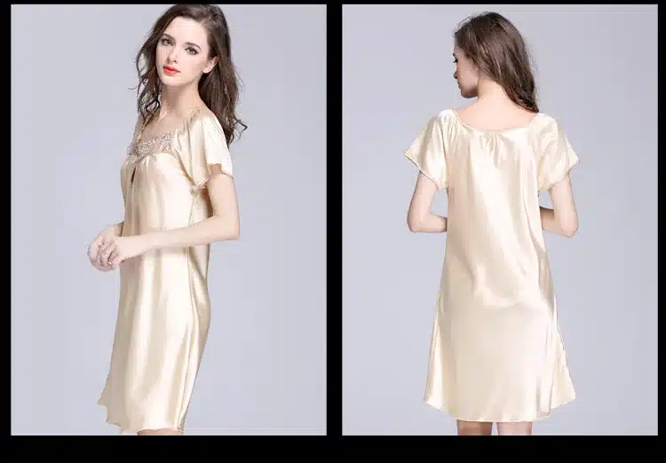 2017 New Sweet Young Women Silk Nightgown Printed Fashion Knee-length Girl Sleepwear Summer Ladies Sleepshirts Pink,Camel,Blue 10