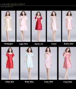 Pilt erinevates värvitoonides elegantsed lühikesed öösärgid: šampanja, hele roosa, jujube punane, kaamel, kumm punane, Hiina punane, veesinine, lootose roosa ja korall roosa. Öösärgid on mannekeenidel, kellel on hele taust.