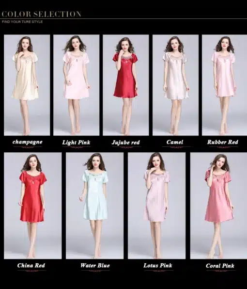 Pilt erinevates värvitoonides elegantsed lühikesed öösärgid: šampanja, hele roosa, jujube punane, kaamel, kumm punane, Hiina punane, veesinine, lootose roosa ja korall roosa. Öösärgid on mannekeenidel, kellel on hele taust.