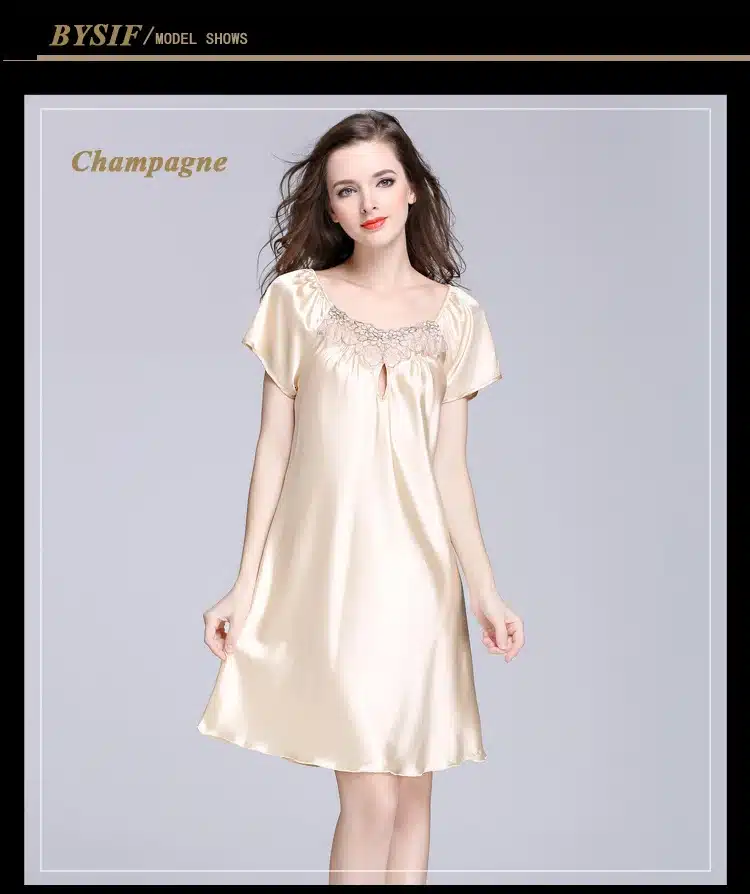 2017 New Sweet Young Women Silk Nightgown Printed Fashion Knee-length Girl Sleepwear Summer Ladies Sleepshirts Pink,Camel,Blue 14