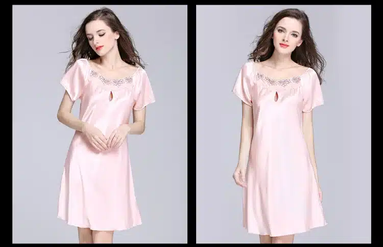 2017 New Sweet Young Women Silk Nightgown Printed Fashion Knee-length Girl Sleepwear Summer Ladies Sleepshirts Pink,Camel,Blue 18