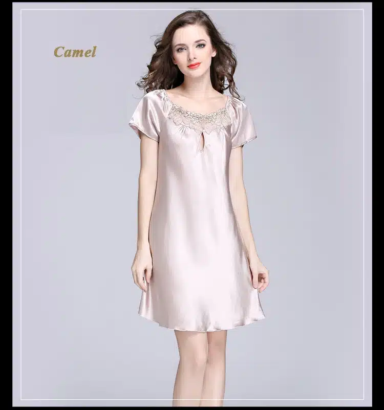 2017 New Sweet Young Women Silk Nightgown Printed Fashion Knee-length Girl Sleepwear Summer Ladies Sleepshirts Pink,Camel,Blue 20