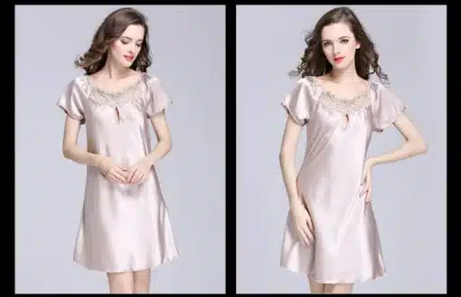 2017 New Sweet Young Women Silk Nightgown Printed Fashion Knee-length Girl Sleepwear Summer Ladies Sleepshirts Pink,Camel,Blue 21