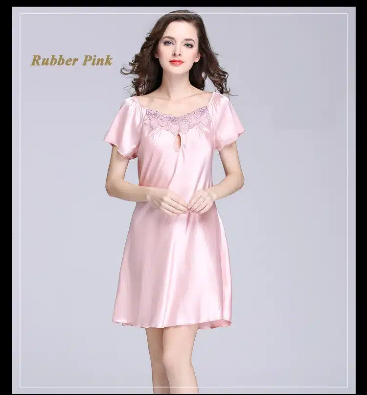 2017 New Sweet Young Women Silk Nightgown Printed Fashion Knee-length Girl Sleepwear Summer Ladies Sleepshirts Pink,Camel,Blue 23