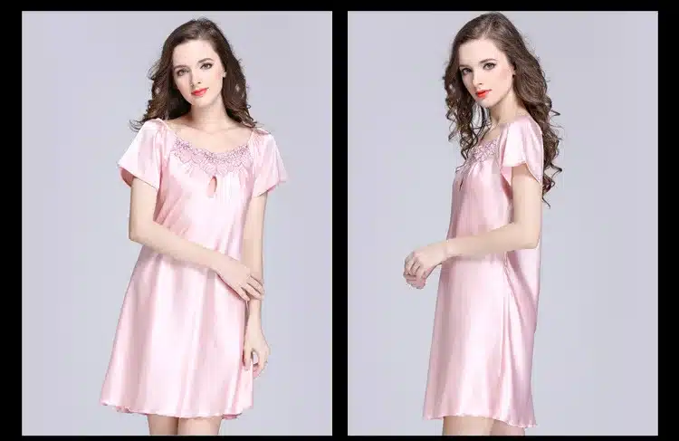 2017 New Sweet Young Women Silk Nightgown Printed Fashion Knee-length Girl Sleepwear Summer Ladies Sleepshirts Pink,Camel,Blue 24