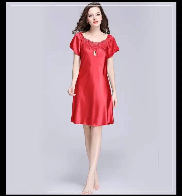 2017 New Sweet Young Women Silk Nightgown Printed Fashion Knee-length Girl Sleepwear Summer Ladies Sleepshirts Pink,Camel,Blue 25