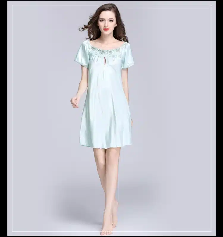 2017 New Sweet Young Women Silk Nightgown Printed Fashion Knee-length Girl Sleepwear Summer Ladies Sleepshirts Pink,Camel,Blue 28