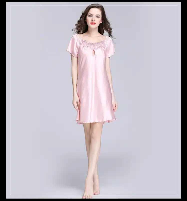2017 New Sweet Young Women Silk Nightgown Printed Fashion Knee-length Girl Sleepwear Summer Ladies Sleepshirts Pink,Camel,Blue 29