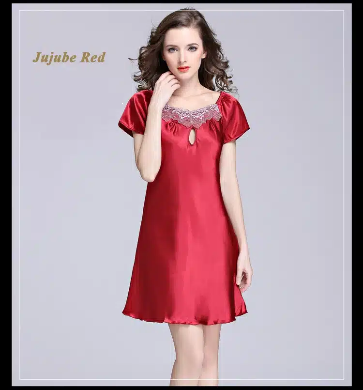 2017 New Sweet Young Women Silk Nightgown Printed Fashion Knee-length Girl Sleepwear Summer Ladies Sleepshirts Pink,Camel,Blue 30
