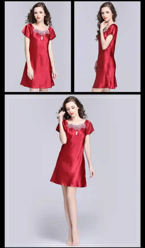 2017 New Sweet Young Women Silk Nightgown Printed Fashion Knee-length Girl Sleepwear Summer Ladies Sleepshirts Pink,Camel,Blue 31