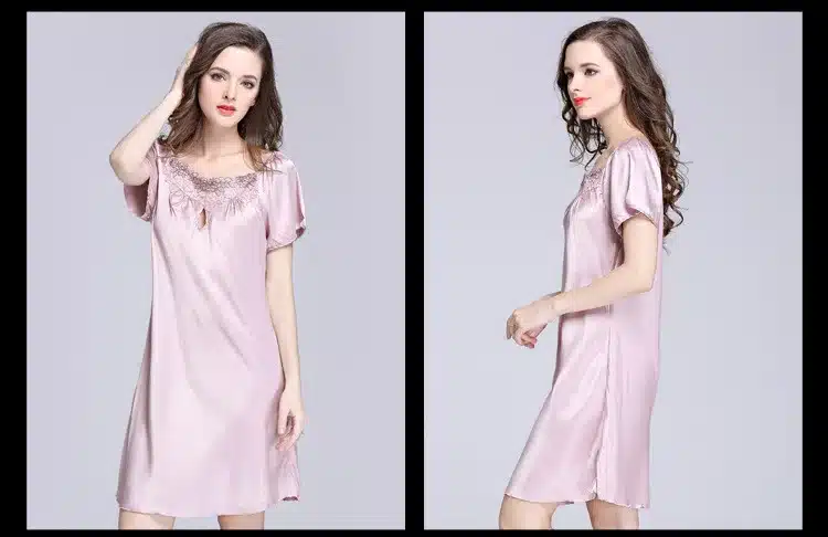 2017 New Sweet Young Women Silk Nightgown Printed Fashion Knee-length Girl Sleepwear Summer Ladies Sleepshirts Pink,Camel,Blue 34