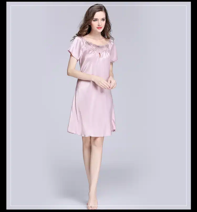 2017 New Sweet Young Women Silk Nightgown Printed Fashion Knee-length Girl Sleepwear Summer Ladies Sleepshirts Pink,Camel,Blue 35