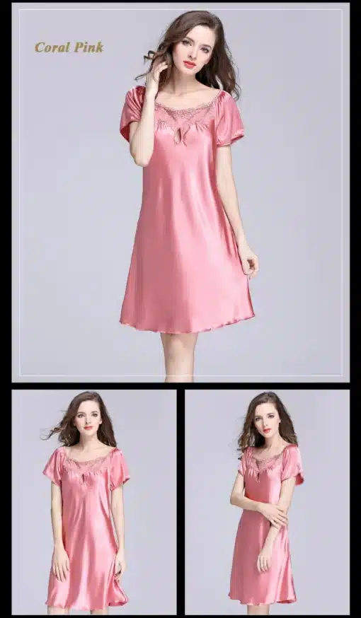 2017 New Sweet Young Women Silk Nightgown Printed Fashion Knee-length Girl Sleepwear Summer Ladies Sleepshirts Pink,Camel,Blue 36