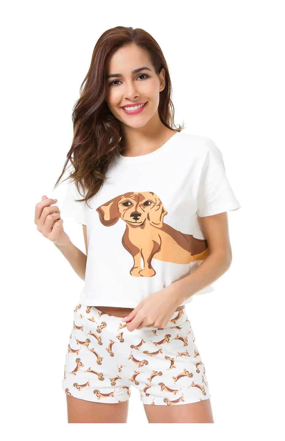 Best Seller Cute Women's Pajama Sets Dachshund Print 2 Pieces Set Dog Crop Top + Shorts Elastic Waist Loose Plus Size S6706 17