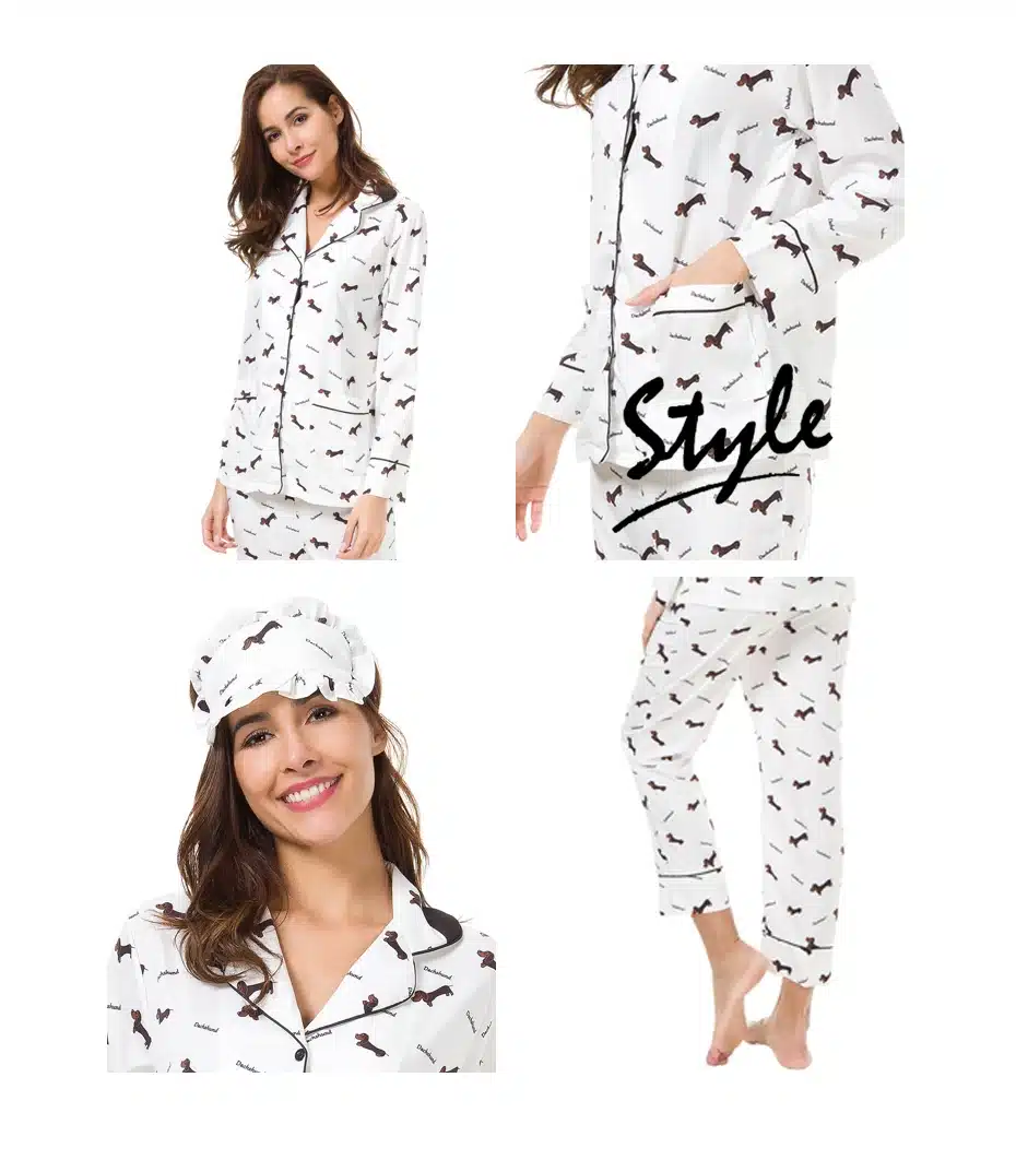 New 2018 Pajama Sets Women Dachshund Print 3 Pieces Set Long Sleeve Top + Pants Elastic Waist + Blinder Loose Homewear S74407 11
