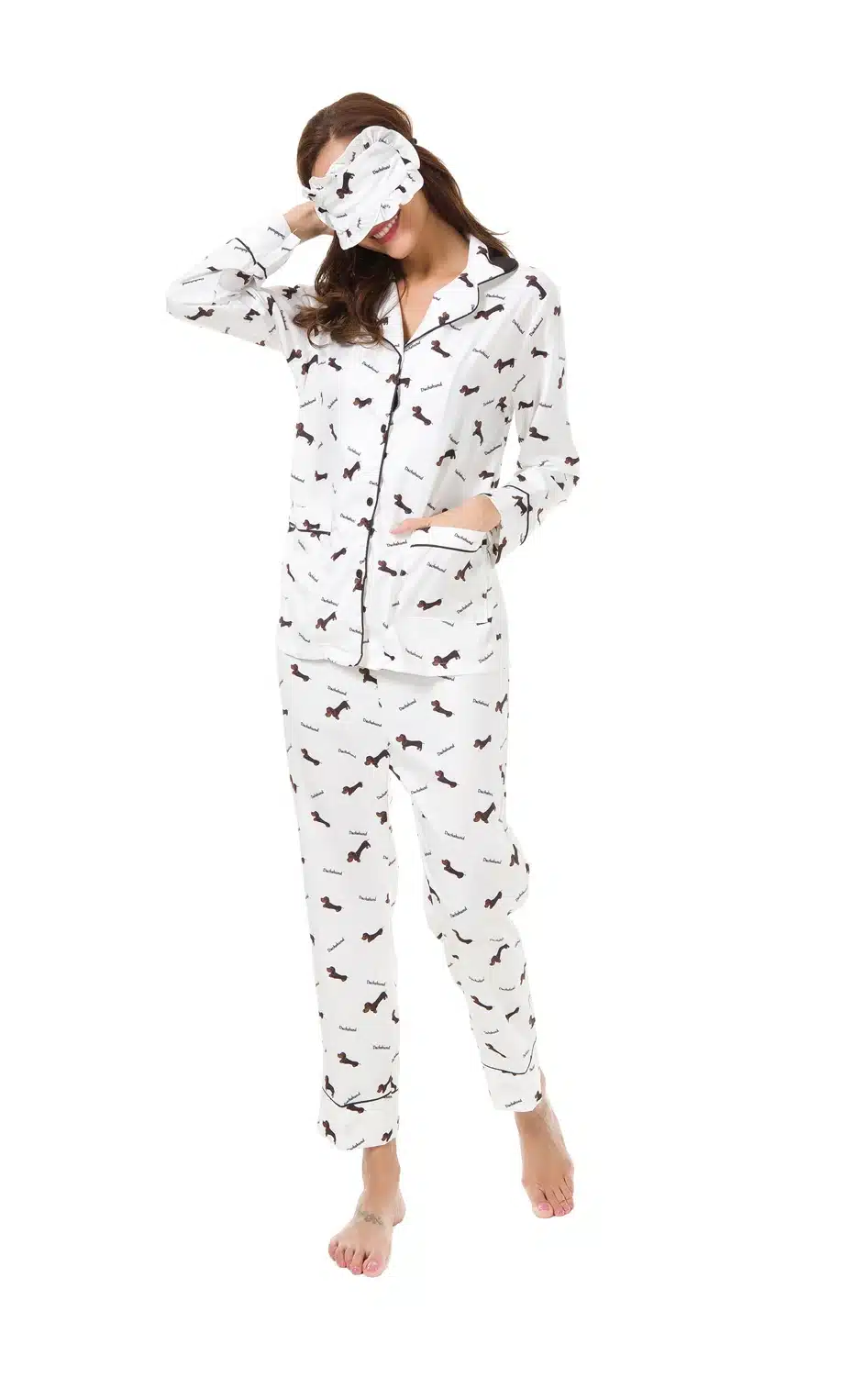 New 2018 Pajama Sets Women Dachshund Print 3 Pieces Set Long Sleeve Top + Pants Elastic Waist + Blinder Loose Homewear S74407 12