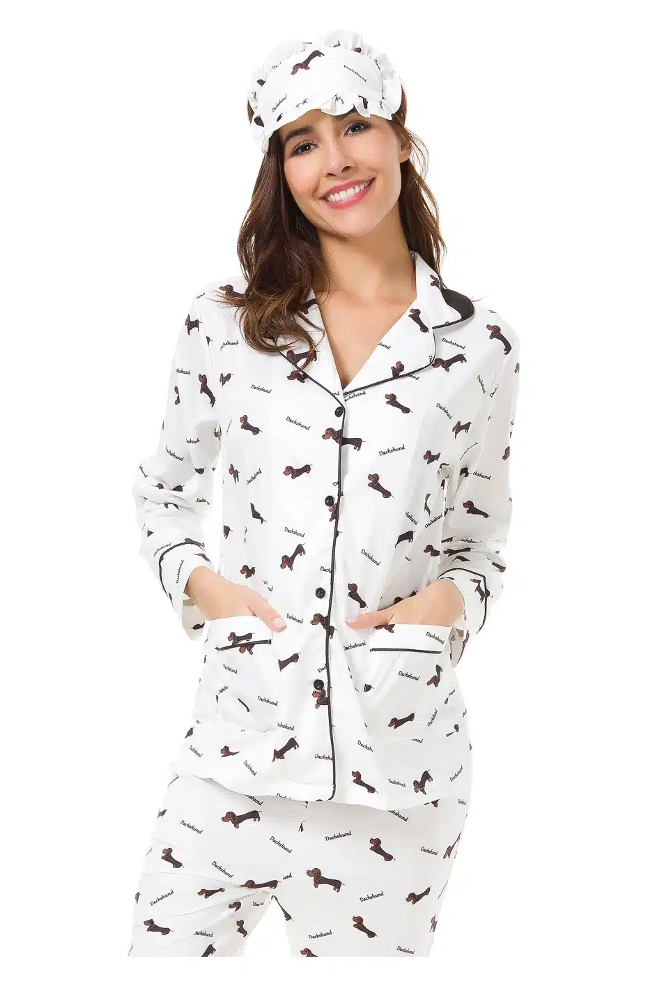 New 2018 Pajama Sets Women Dachshund Print 3 Pieces Set Long Sleeve Top + Pants Elastic Waist + Blinder Loose Homewear S74407 16