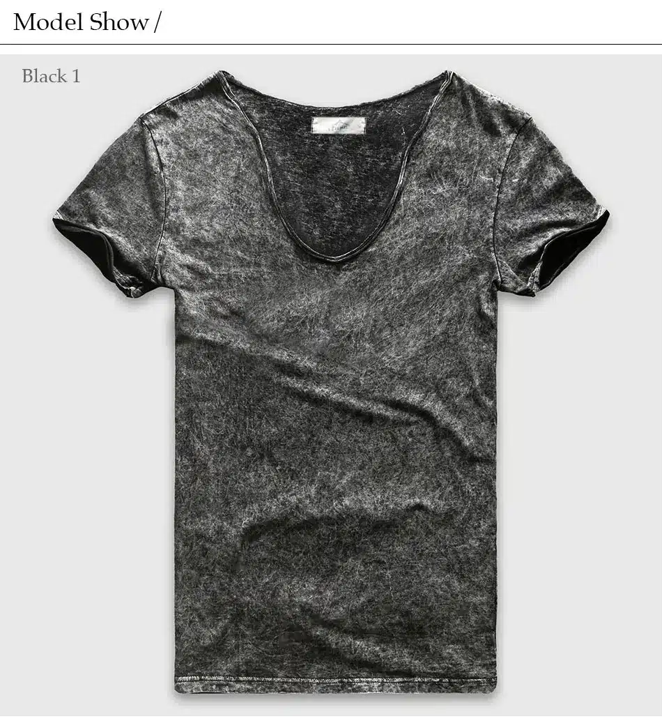 Zecmos Vintage Black T-Shirt Men Size Fashion Heavy Washed T Shirts For Men Slim Fit V Neck Top Tees Male Short Sleeve 20