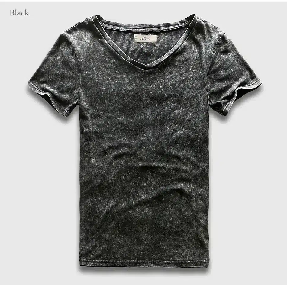 Zecmos Vintage Black T-Shirt Men Size Fashion Heavy Washed T Shirts For Men Slim Fit V Neck Top Tees Male Short Sleeve 21