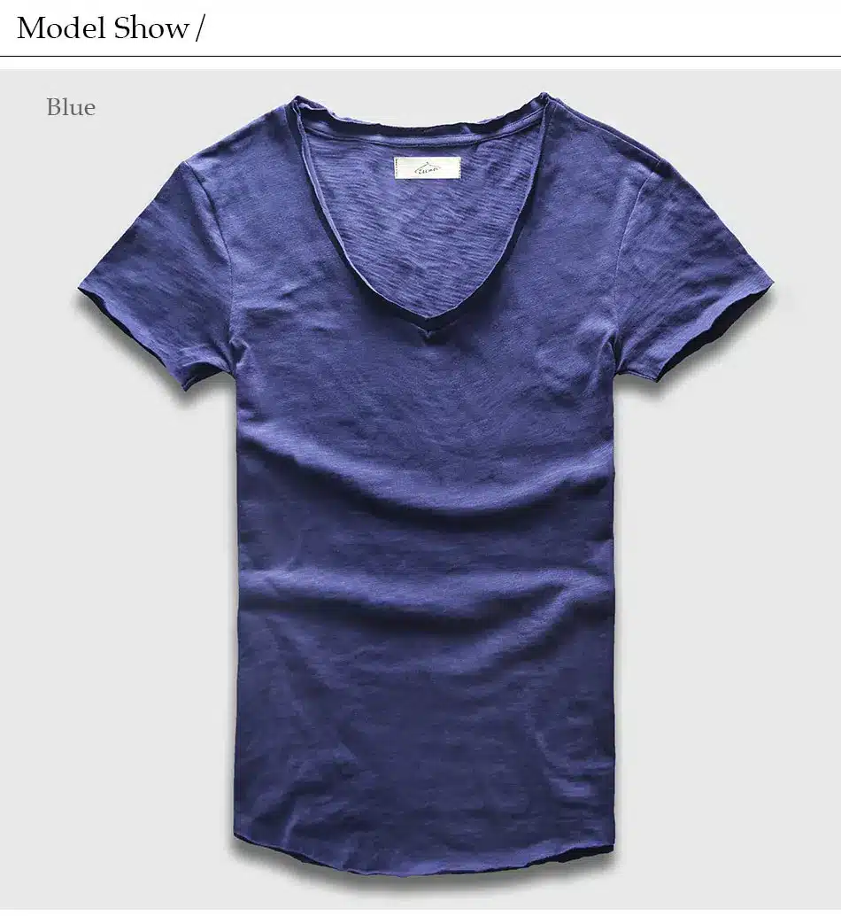 Zecmos Fashion Men T-Shirt With V Neck T Shirts For Men Male Luxury Cotton Plain Solid Curved Hem Top Tees Short Sleeve 19