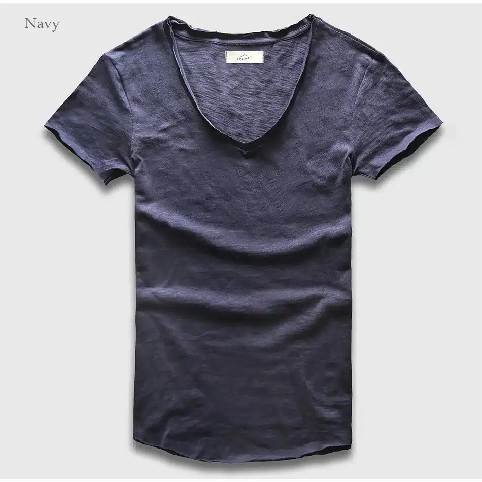 Zecmos Fashion Men T-Shirt With V Neck T Shirts For Men Male Luxury Cotton Plain Solid Curved Hem Top Tees Short Sleeve 22