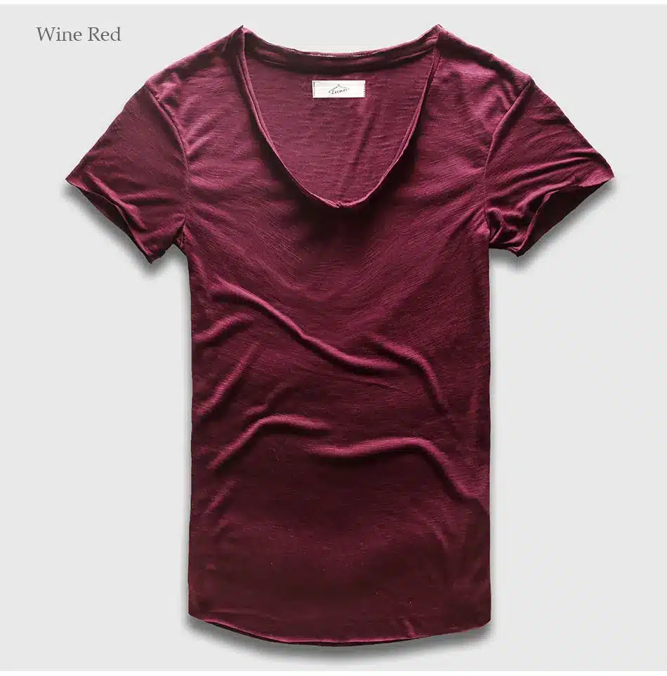 Zecmos Fashion Men T-Shirt With V Neck T Shirts For Men Male Luxury Cotton Plain Solid Curved Hem Top Tees Short Sleeve 25