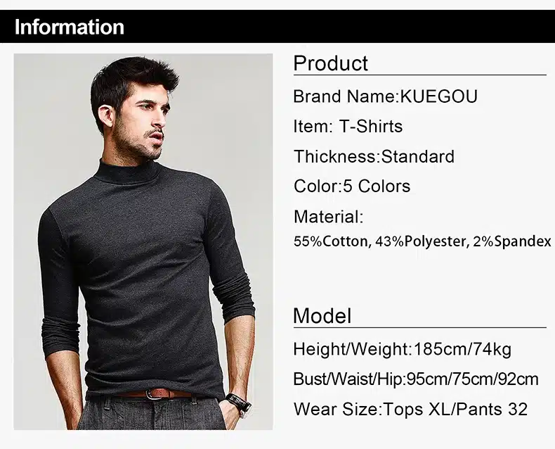 KUEGOU Mens Casual T Shirts 5 Solid Color Brand Clothing For Man's Long Sleeve Slim T-Shirts Male Wear Plus Size Tops Tees 803 12